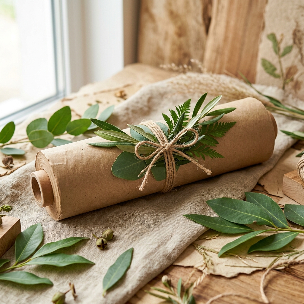Kraft paper rolls styled with organic green plant leaves representing sustainable manufacturing
