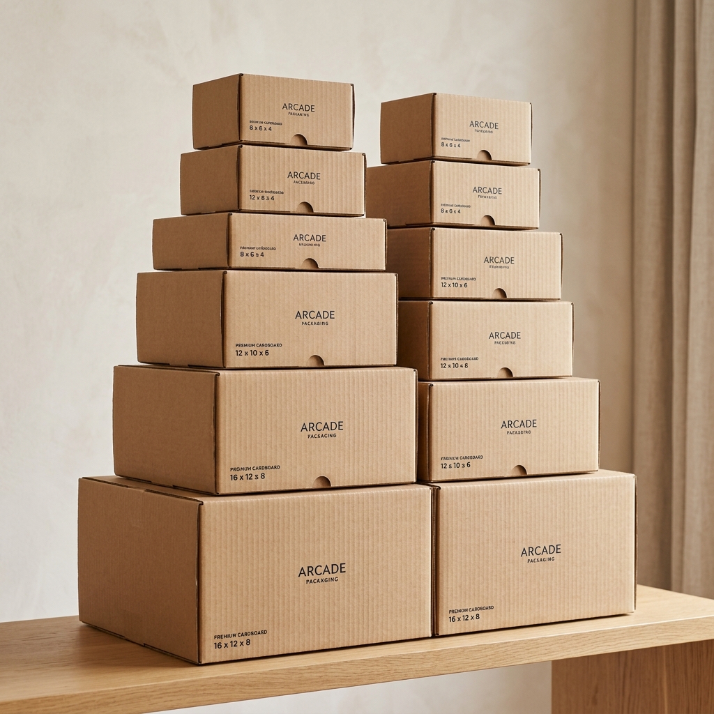 Stacked high-quality corrugated cardboard boxes of varying dimensions